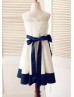Ivory Lace With Navy Blue Bow Sash Knee Length Flower Girl Dress